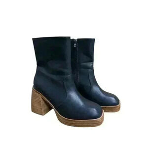 böhme Platform Black Leather Ankle Bootie Chunky 3” Heel Inner Ankle Zip Up 6.5